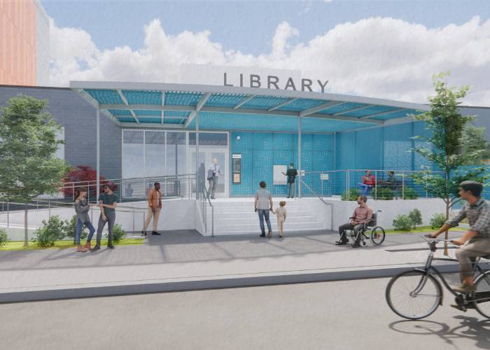 Exterior rendering of the new Northwest Library on Pettygrove Street, links to more information about Northwest Library opening. 