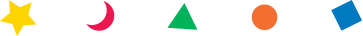 A line of shapes, from left to right a star, a crescent, a triange, a circle and a square.