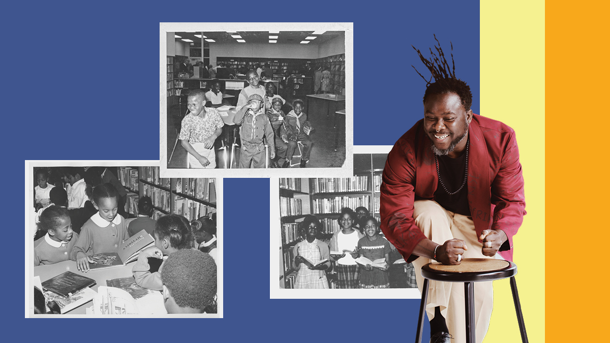 A performer smiles mid-performance in the foreground with three historic photos of Black youth in the library in the background.