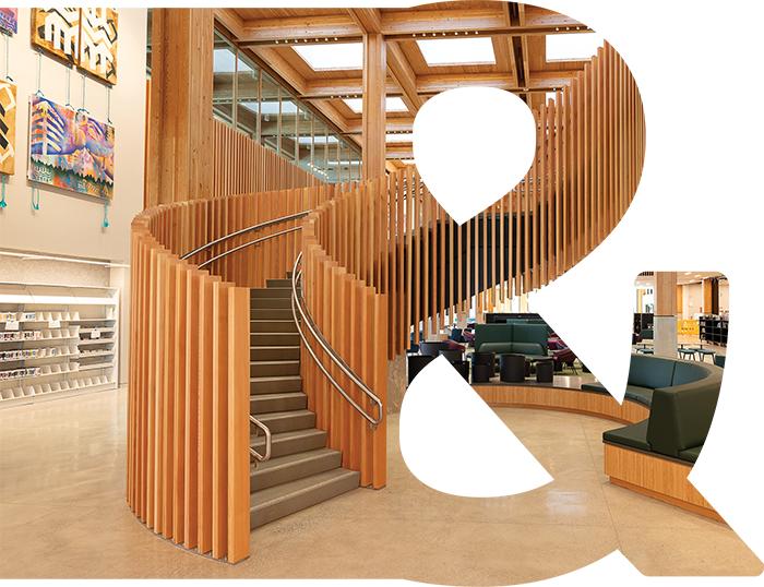 Staircase at East County Library, links to information about East County Library's opening weekend.