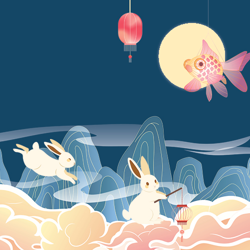 Art featuring two rabbits hopping on clouds against a background of mountains with decorative lanterns above, link to information about Mid-Autumn festival events at the library