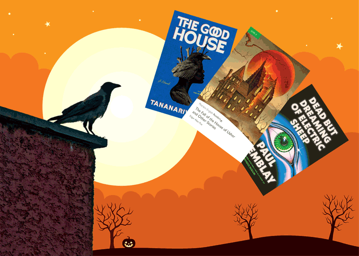 A crow silhouette sits next to three books, links to horror recommendations.