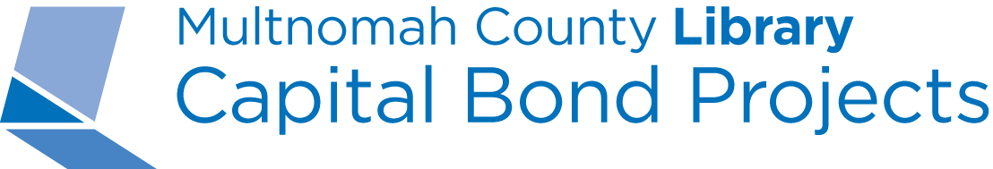 Multnomah County Library logo with text reading Multnomah County Library, links to information about the library's bond.